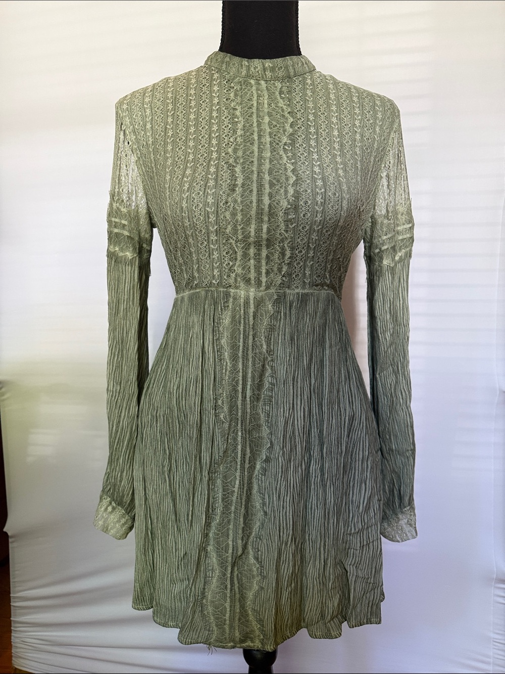 fab'rik Sage Green Long Sleeve Lace & Crinkle Midi Dress